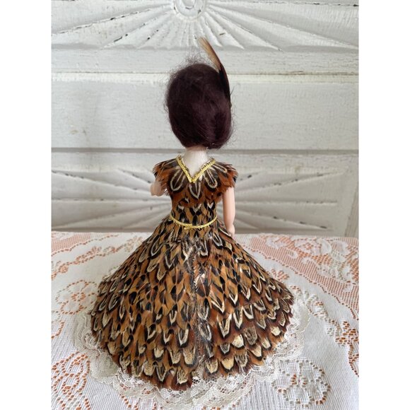 Vintage 1950s Celluloid Doll With Pheasant Feather Dress & Lace Trim - Picture 3 of 12